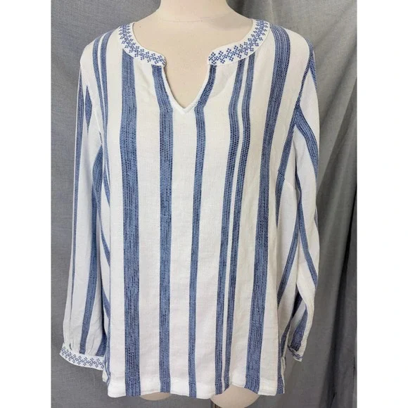 NWT Blue White Striped Embroidered 100% Cotton Tunic Top NWT Resortwear Vacation - Picture 1 of 12